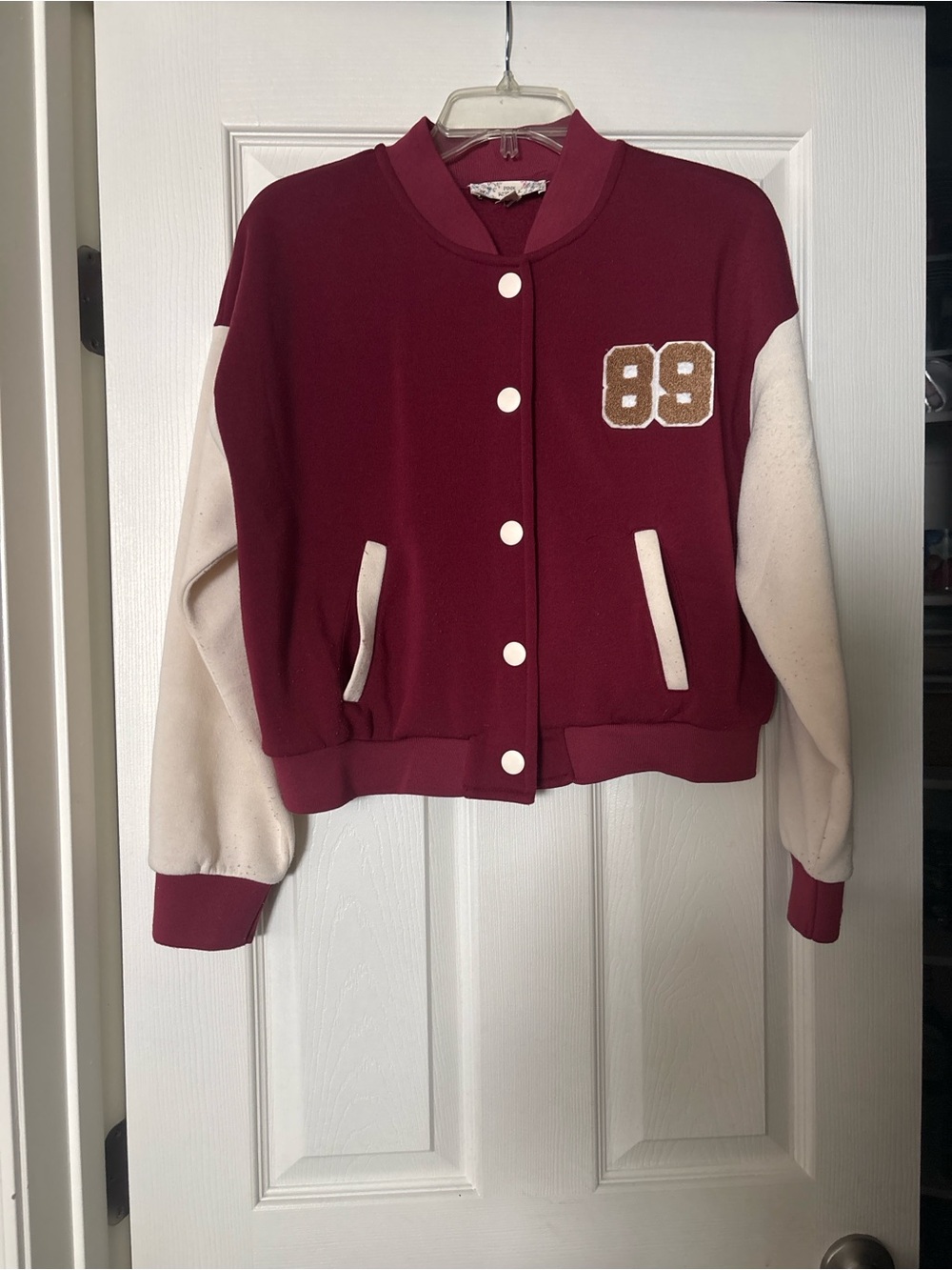 Maroon and Cream Women's Varsity Jacket